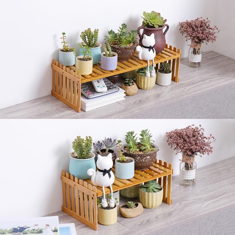 Countertop Bamboo Plant Shelf Bamboo Flower Pot Stand Balcony Flower Rack Cabinet Organizer Multi-Function DIY Desktop Storage Rack for Living Room Bedroom Kids Room
