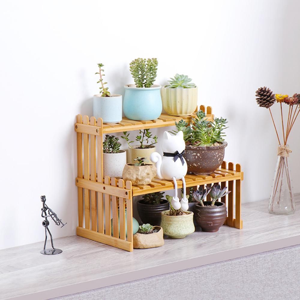 Countertop Bamboo Plant Shelf Bamboo Flower Pot Stand Balcony Flower Rack Cabinet Organizer Multi-Function DIY Desktop Storage Rack for Living Room Bedroom Kids Room