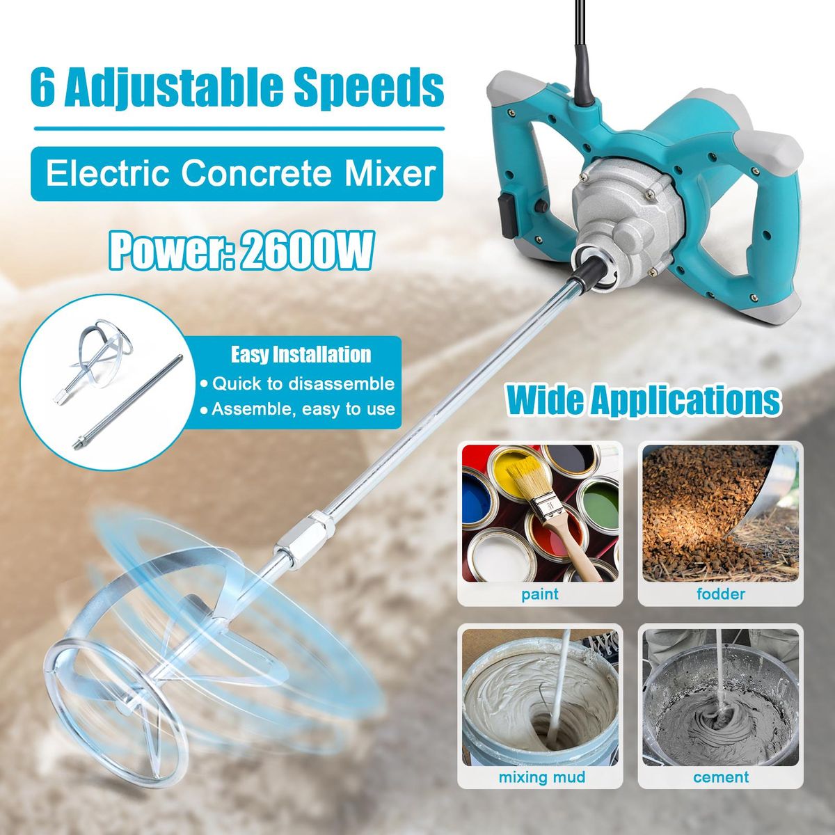 KKmoon 2600W Electric Concrete Mixer Portable Handheld Concrete Cement Mixer 6 Speeds Adjustable Mixing Machine Thinset Mortar Grout Plaster Paint Stirring Tool