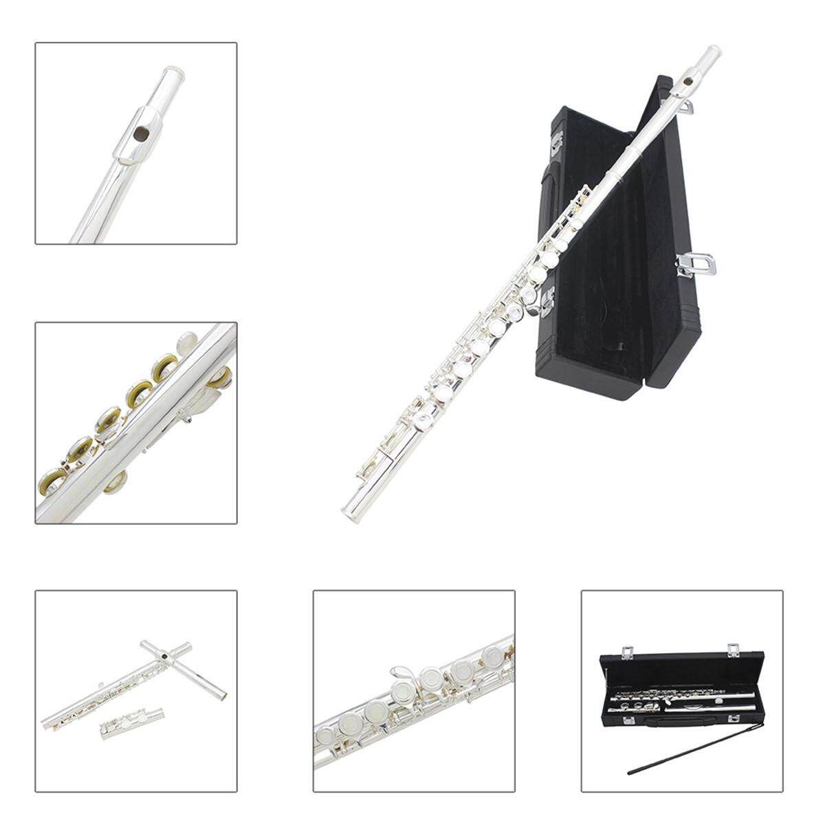 16 Holes Key Flute Cupronickel Plated Silver Woodwind Instrument With Cleaning Cloth Padded Case Silver (silver)