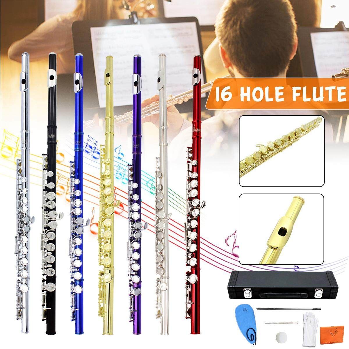 16 Holes Key Flute Cupronickel Plated Silver Woodwind Instrument With Cleaning Cloth Padded Case Silver (silver)