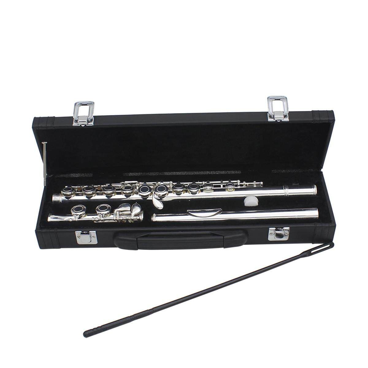 16 Holes Key Flute Cupronickel Plated Silver Woodwind Instrument With Cleaning Cloth Padded Case Silver (silver)