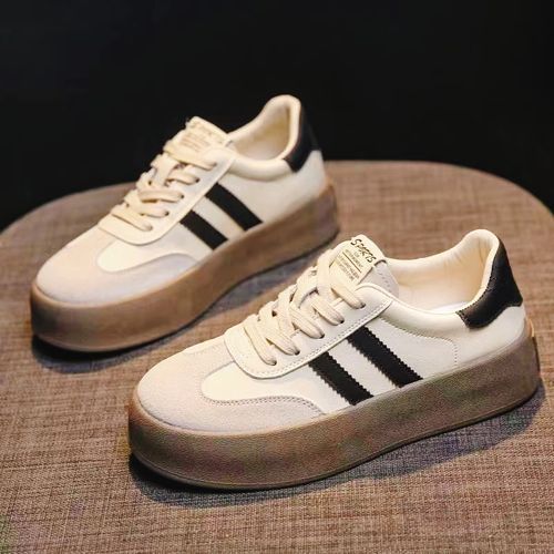 Women's PU Leather Shoes Thick-soled Girl's Sports Flat Shoes Beige