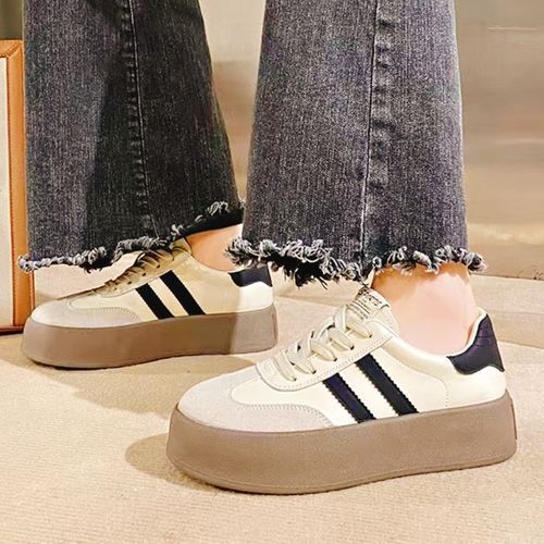 Women's PU Leather Shoes Thick-soled Girl's Sports Flat Shoes Beige