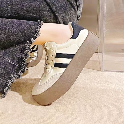 Women's PU Leather Shoes Thick-soled Girl's Sports Flat Shoes Beige