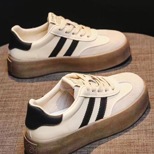 Women's PU Leather Shoes Thick-soled Girl's Sports Flat Shoes Beige