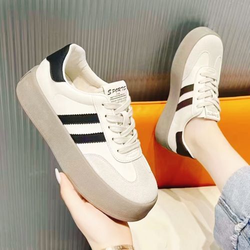Women's PU Leather Shoes Thick-soled Girl's Sports Flat Shoes Beige