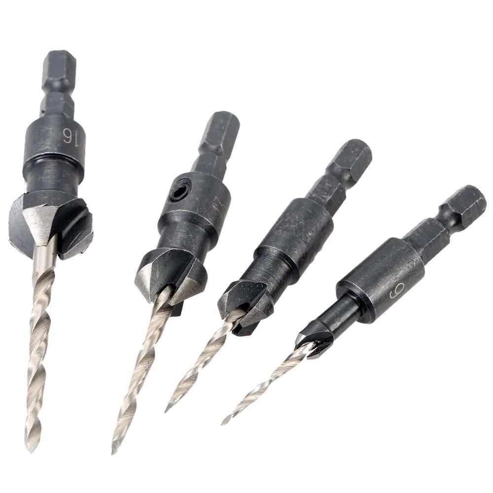 4 Pcs/set Professional Countersink Drill Bit Set with Quick Change Hex Shank High Speed Steel Carbon Steel Counter Bore Woodworking Tool