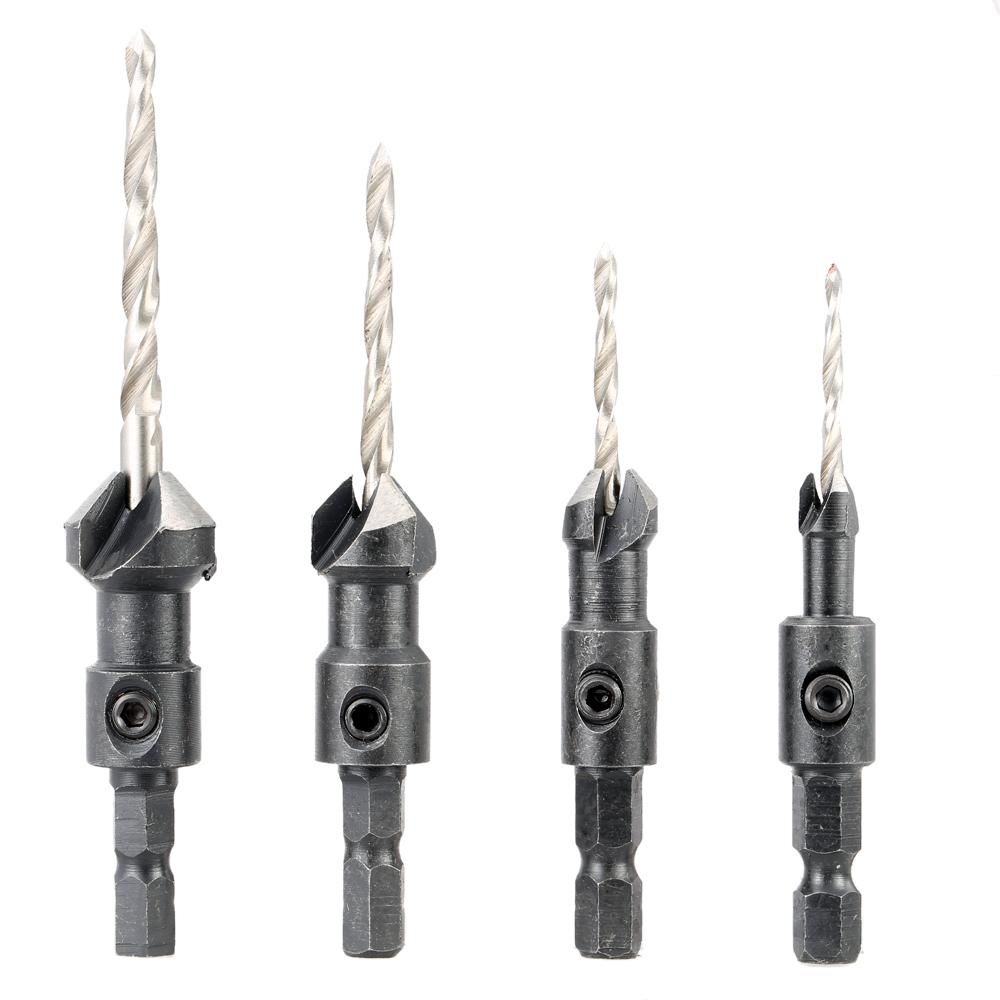 4 Pcs/set Professional Countersink Drill Bit Set with Quick Change Hex Shank High Speed Steel Carbon Steel Counter Bore Woodworking Tool