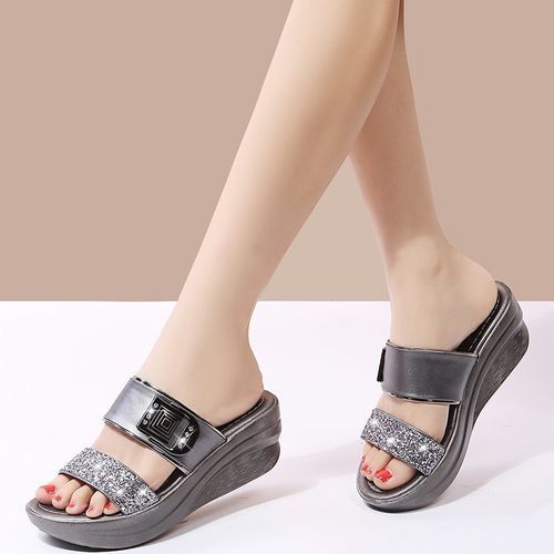 Ladies Newest Style Fancy Slippers Women Fashion Slope Heel Slippers Casual Slippers Sandals Fish Mouth-Silver