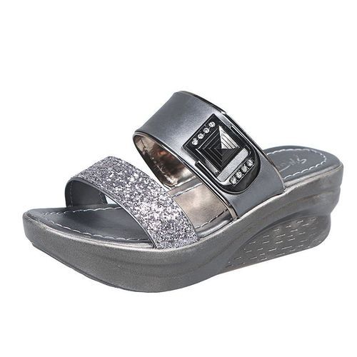 Ladies Newest Style Fancy Slippers Women Fashion Slope Heel Slippers Casual Slippers Sandals Fish Mouth-Silver