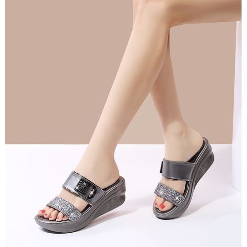 Ladies Newest Style Fancy Slippers Women Fashion Slope Heel Slippers Casual Slippers Sandals Fish Mouth-Silver