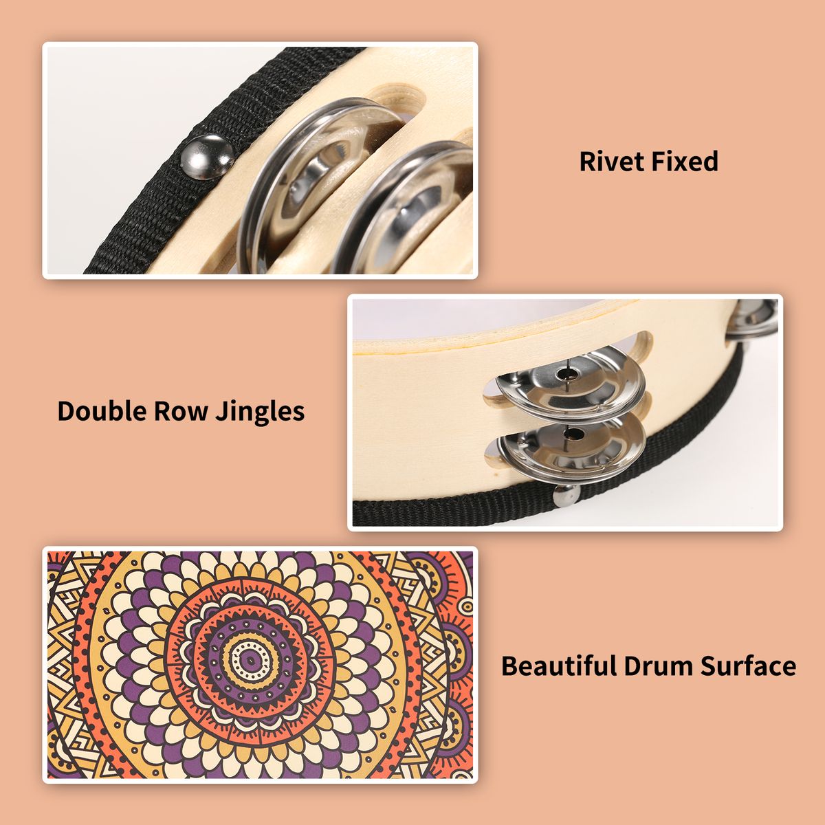10 Inch Wooden Tambourine Handbell Hand Drum With Double