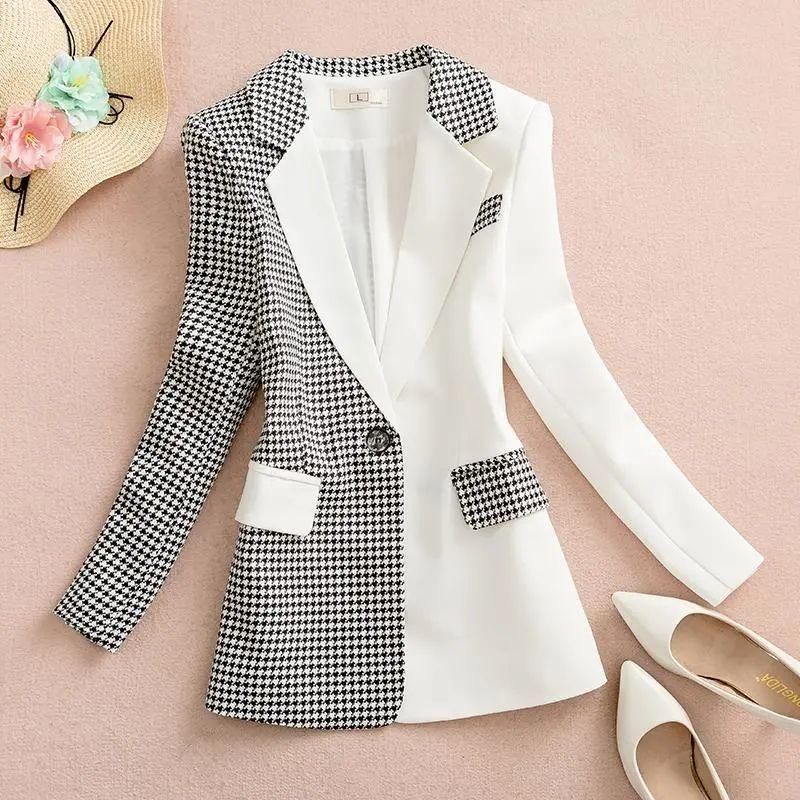 2023 Spring and Autumn Black Panel Houndstooth Suit Jacket Women's Design Sense Temperament Leisure Small Tailored Suit Top