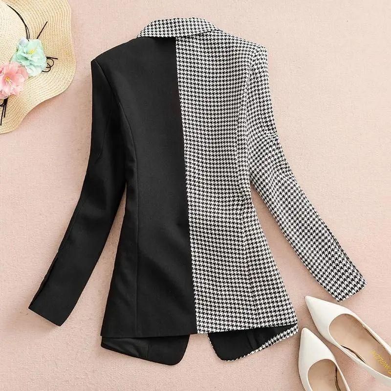 2023 Spring and Autumn Black Panel Houndstooth Suit Jacket Women's Design Sense Temperament Leisure Small Tailored Suit Top