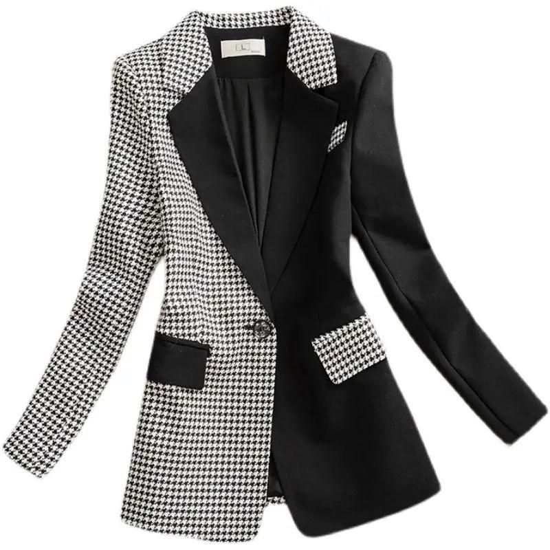 2023 Spring and Autumn Black Panel Houndstooth Suit Jacket Women's Design Sense Temperament Leisure Small Tailored Suit Top