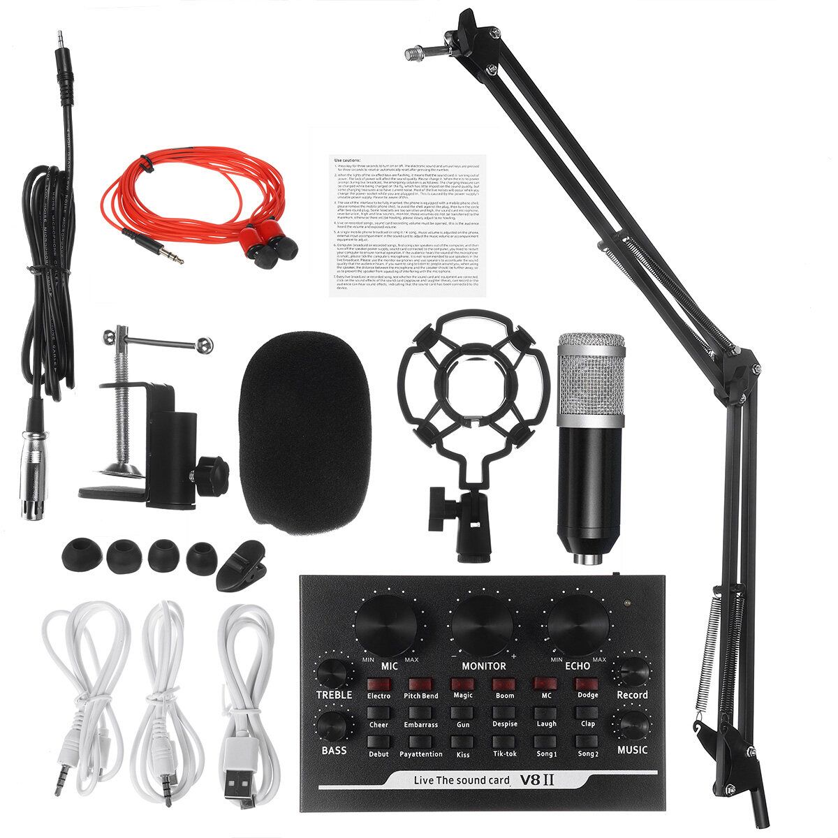 BM800 Condenser Microphone Mic Kit Live Studio Sound Recording Mount Boom Stand All Black