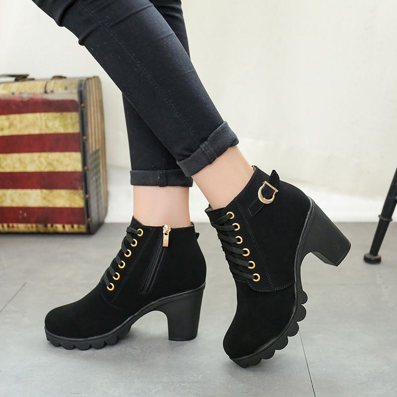 Women Fashion Casual Shoes High Heel Boots-black