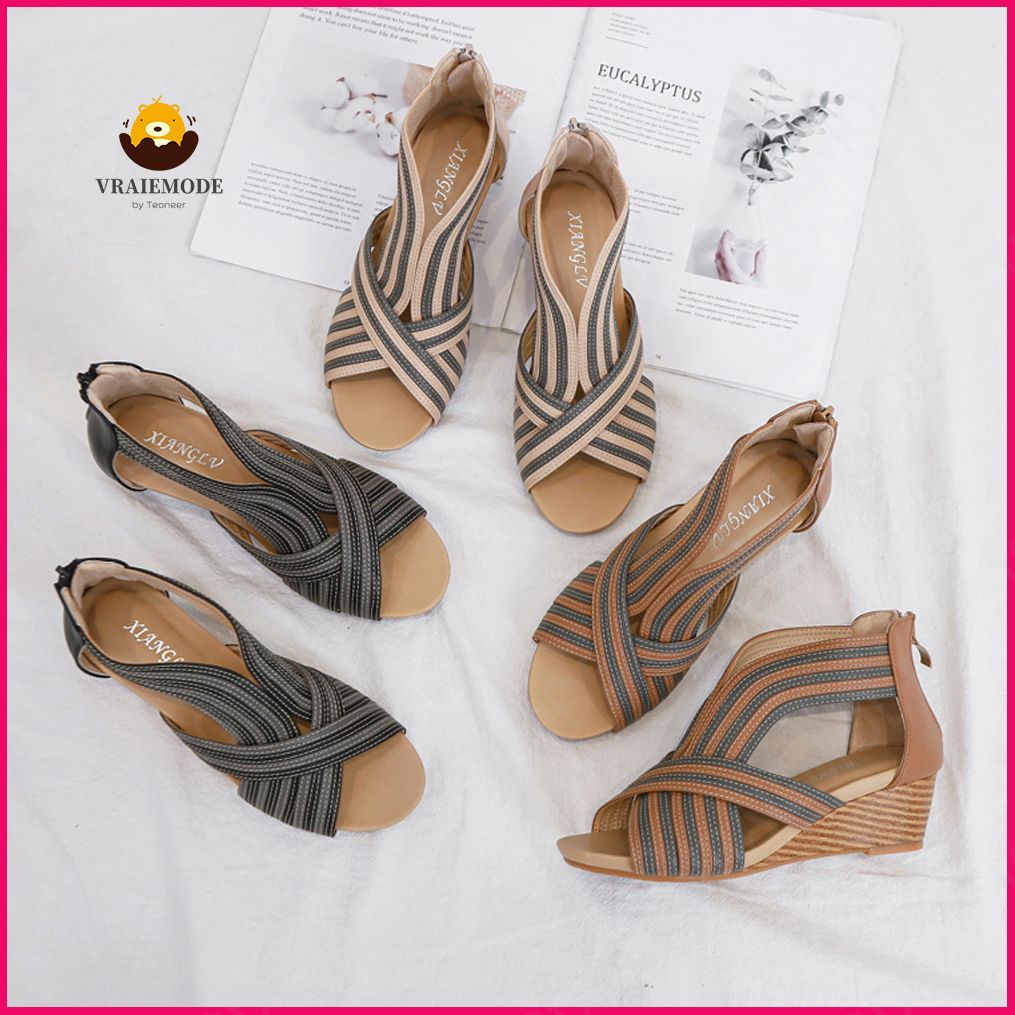 Slope Heel Sandals Women's Mid-heel European Fashion Casual Zipper Roman Shoes Ladies Sandals