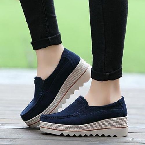 Womens Breathable Suede Round Toe Slip On Platform Wedges Shoes