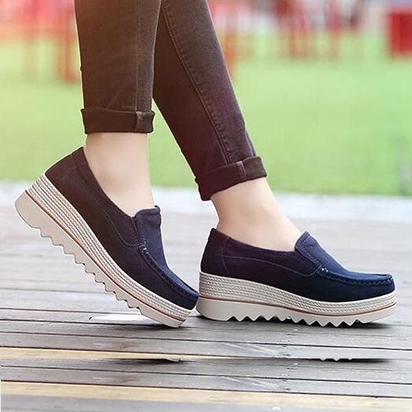 Womens Breathable Suede Round Toe Slip On Platform Wedges Shoes