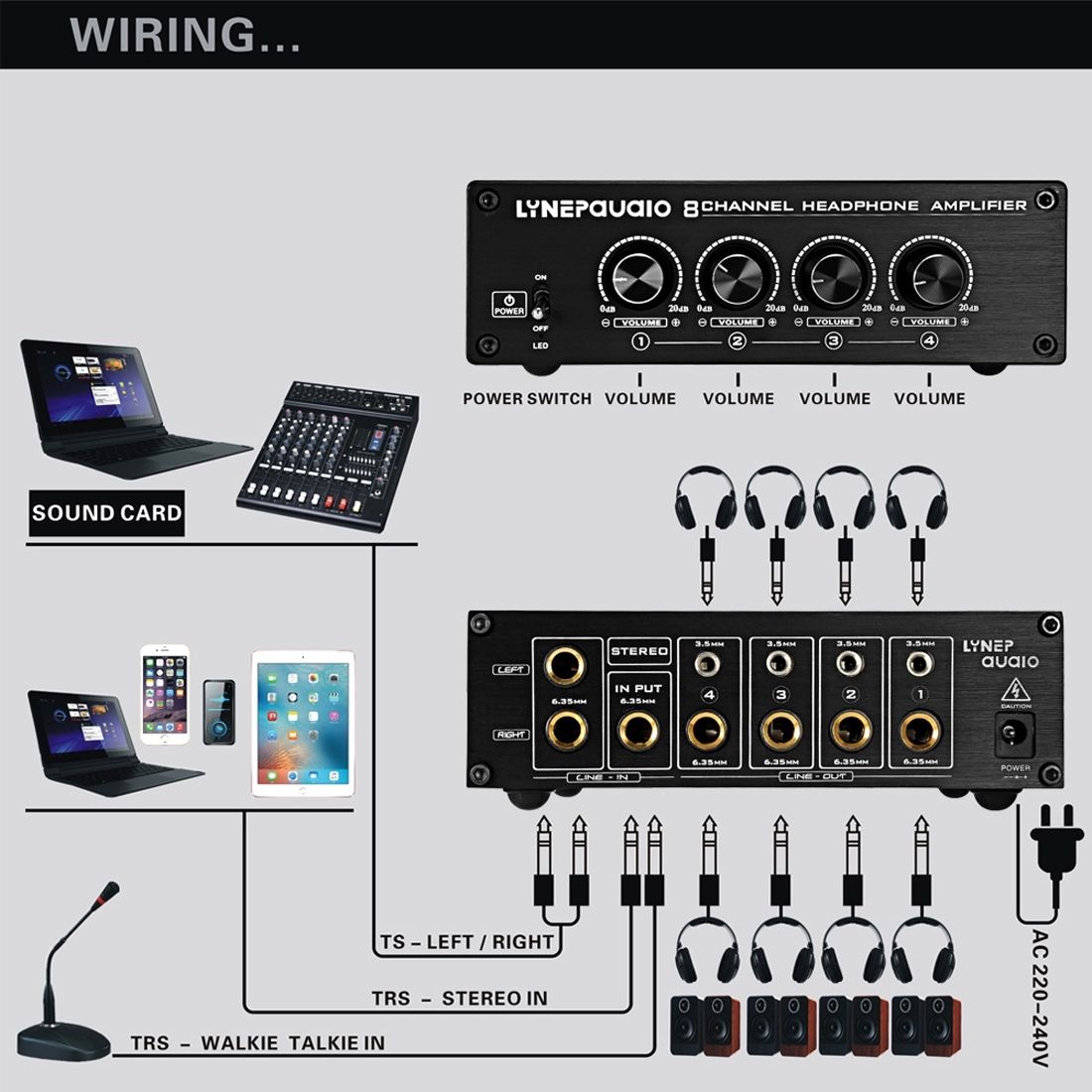 LINEPAUDIO A966 Pro Eight-channel Headphone Amplifier  Headphone Distributer Signal Amplifier(Black)