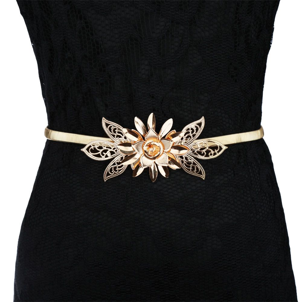 Women Lady Gold Metal Chain Belt Flower