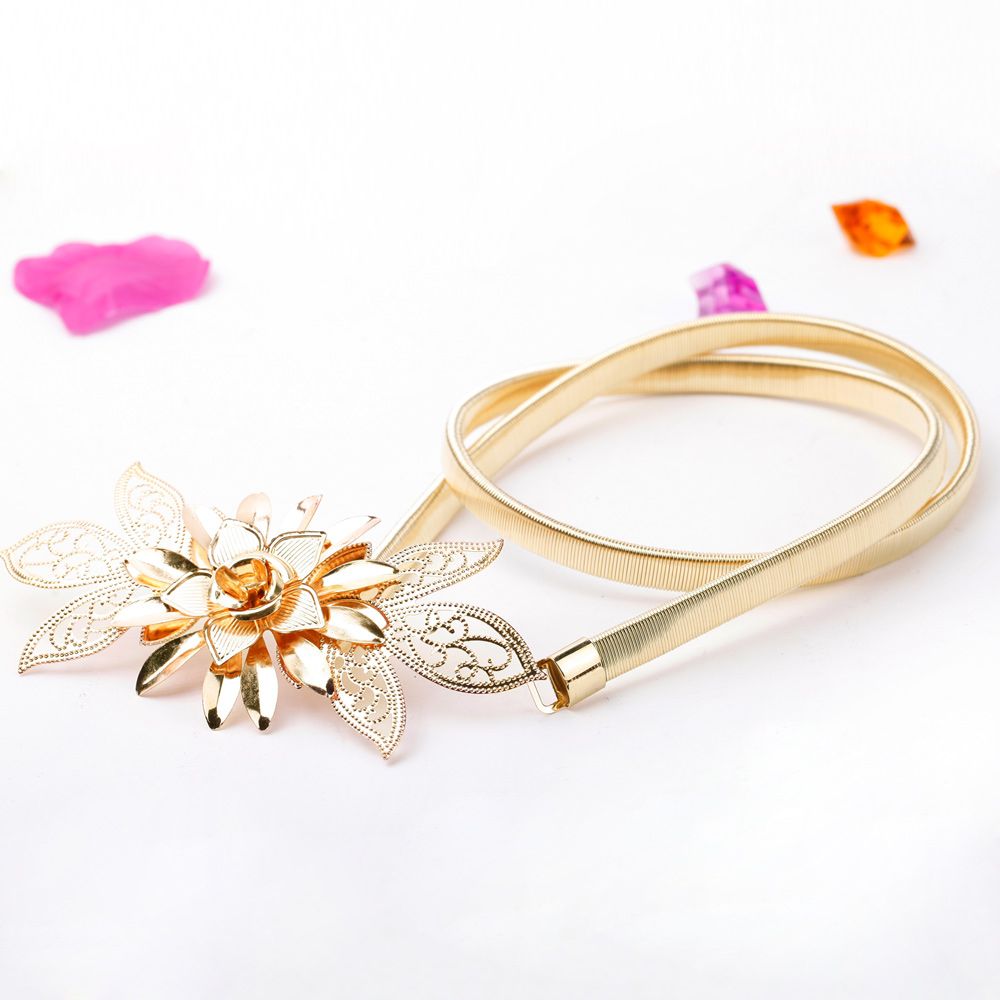 Women Lady Gold Metal Chain Belt Flower