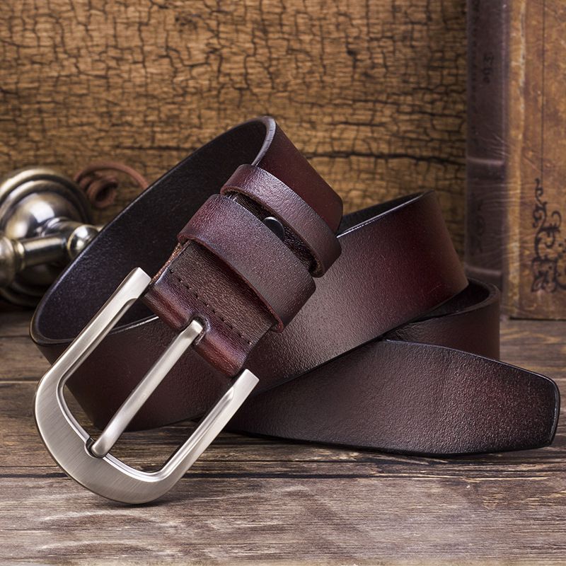 Jeans Belt Vintage Mens Big Pin Buckle Wide Belts Kemer Cow Leather Belts Ceinture Homme Luxe Marque Cinta(A Brown)（90CM）