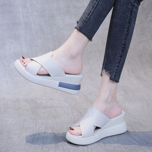 Ladies Newest Flat Fancy Slippers Female Fashion Slope Heel Slippers Casual Slippers Sandals Fish Mouth-Beige