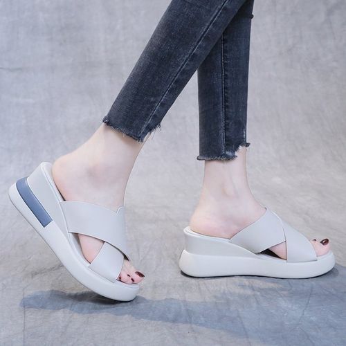 Ladies Newest Flat Fancy Slippers Female Fashion Slope Heel Slippers Casual Slippers Sandals Fish Mouth-Beige