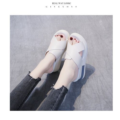 Ladies Newest Flat Fancy Slippers Female Fashion Slope Heel Slippers Casual Slippers Sandals Fish Mouth-Beige