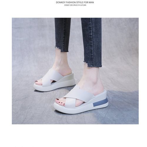 Ladies Newest Flat Fancy Slippers Female Fashion Slope Heel Slippers Casual Slippers Sandals Fish Mouth-Beige