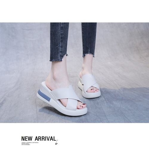 Ladies Newest Flat Fancy Slippers Female Fashion Slope Heel Slippers Casual Slippers Sandals Fish Mouth-Beige
