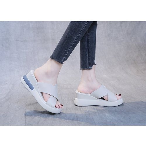 Ladies Newest Flat Fancy Slippers Female Fashion Slope Heel Slippers Casual Slippers Sandals Fish Mouth-Beige