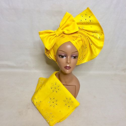 Stylish Auto Gele And Ipele In Yellow  Asooke Embellished With Stones