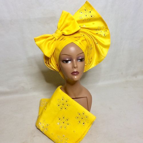 Stylish Auto Gele And Ipele In Yellow  Asooke Embellished With Stones