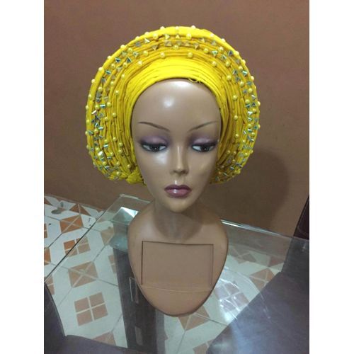 Elegant Auto Gele In Yellow With Embellishments