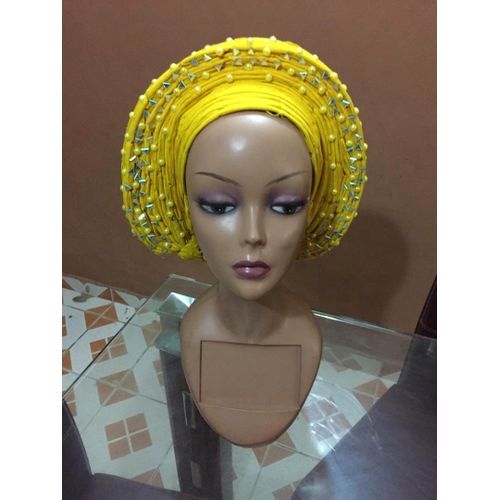 Elegant Auto Gele In Yellow With Embellishments