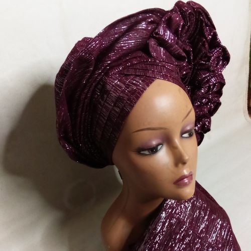 Auto Gele And Ipele Burgundy Asooke With Silver Shimmers