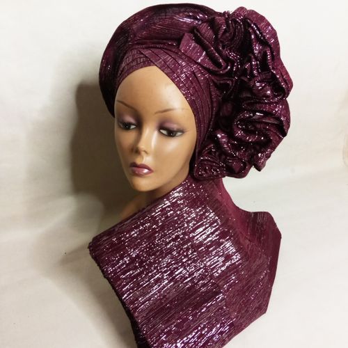 Auto Gele And Ipele Burgundy Asooke With Silver Shimmers