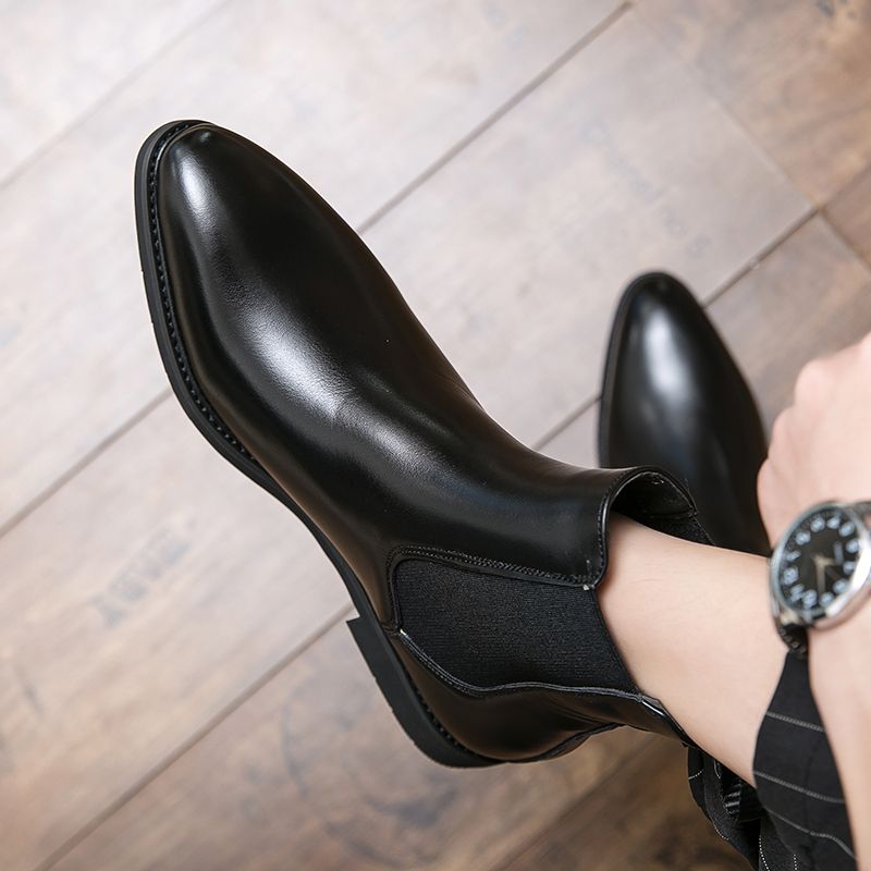 Men Leathe Boots Ankle Martin Chelsea Boots Pointed Black