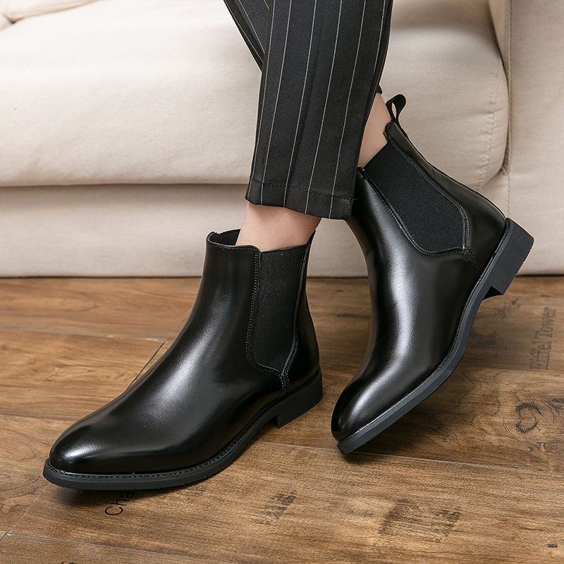Men Leathe Boots Ankle Martin Chelsea Boots Pointed Black