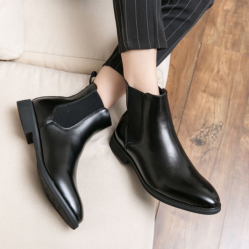 Men Leathe Boots Ankle Martin Chelsea Boots Pointed Black
