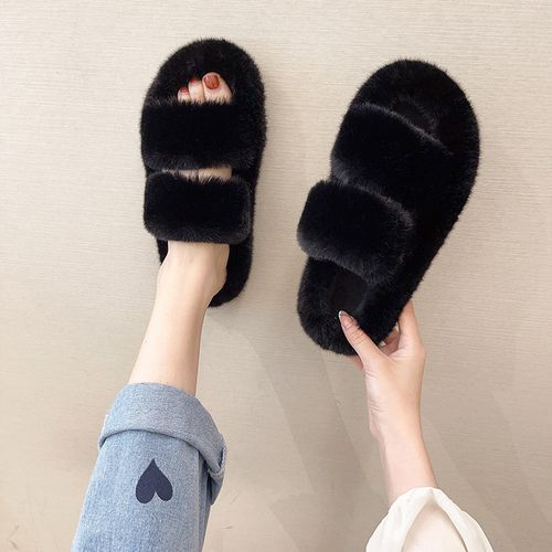 Indoor Women Fur Fluffy Soft Furry Slides Flats Heel Non Slip Ladies Luxury Design Footwear - Black