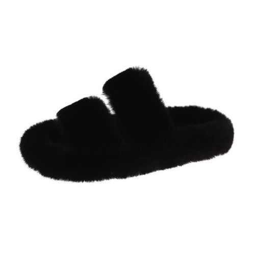 Indoor Women Fur Fluffy Soft Furry Slides Flats Heel Non Slip Ladies Luxury Design Footwear - Black