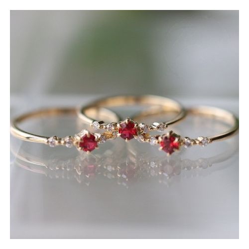 Gold Ruby Female Ring, Engagement Bridal Ring With Rhinestones