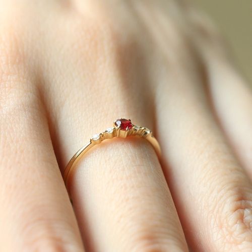Gold Ruby Female Ring, Engagement Bridal Ring With Rhinestones