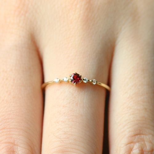 Gold Ruby Female Ring, Engagement Bridal Ring With Rhinestones