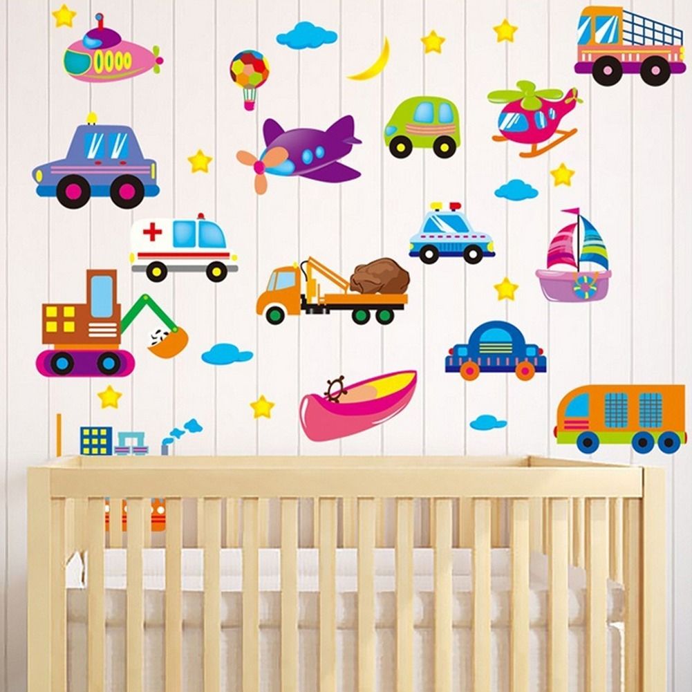 Cartoon Cars Planes Ships Ambulance Moon Stars Wall Decal Home Sticker PVC Murals Vinyl Paper House Decoration Wallpaper Living Room Bedroom Kitchen Art Picture DIY For Children Teen Senior Adult Nursery Baby 152113 Color-0